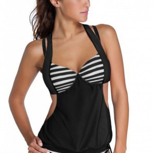 Angelsin Siyah Beyaz Cizgili Kaplı Tankini Bikini Takım