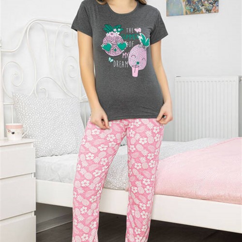 Antrasit Ananas Baskılı Kısa Kollu Pijama Takımı 7023