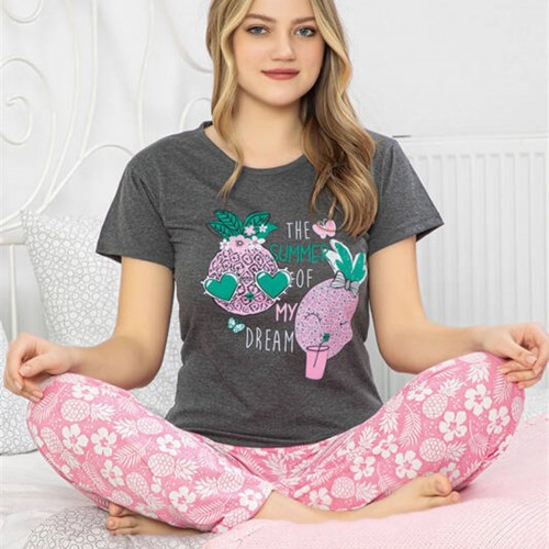Antrasit Ananas Baskılı Kısa Kollu Pijama Takımı 7023