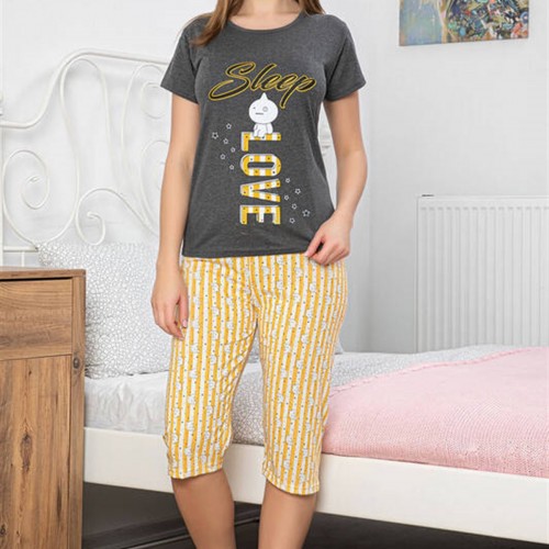 Füme Sleep Love Kısa Kollu Kapri Pijama Takımı 7001