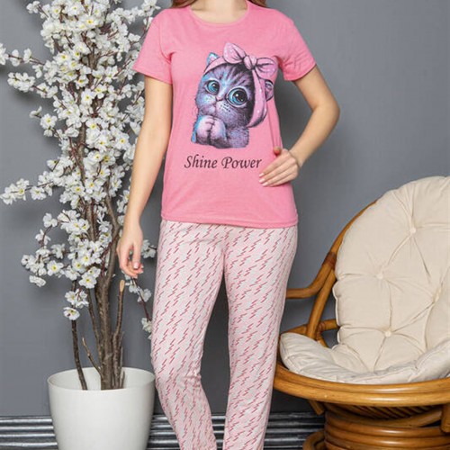 Fuşya Kedi Baskılı Kısa Kollu Pijama Takımı 7742