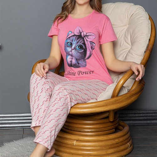 Fuşya Kedi Baskılı Kısa Kollu Pijama Takımı 7742