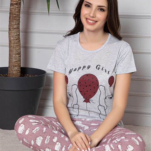 Gri Melanj Balon Baskılı Kısa Kollu Pijama Takımı 8320