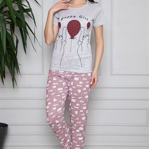 Gri Melanj Balon Baskılı Kısa Kollu Pijama Takımı 8320