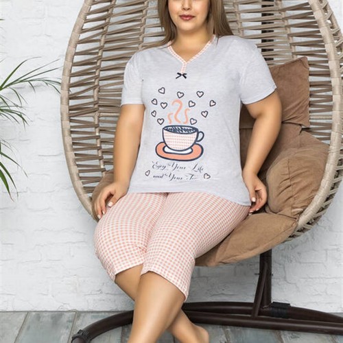 Gri Melanj Fincan Baskılı  Kısa Kol Büyük Beden Pijama Takımı 4966