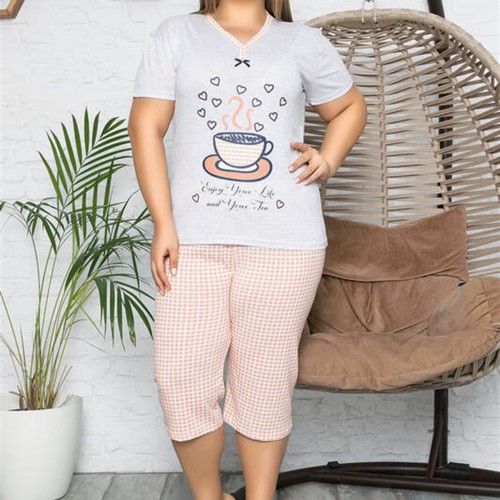 Gri Melanj Fincan Baskılı  Kısa Kol Büyük Beden Pijama Takımı 4966