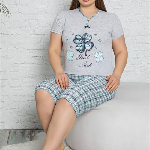 Gri Melanj Yonca Baskılı Kısa Kol Büyük Beden Pijama Takımı 8284