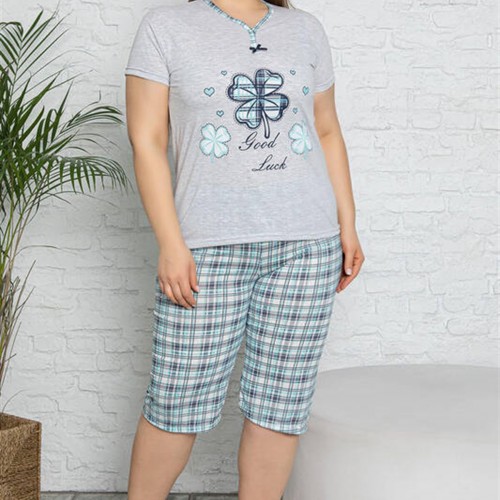 Gri Melanj Yonca Baskılı Kısa Kol Büyük Beden Pijama Takımı 8284