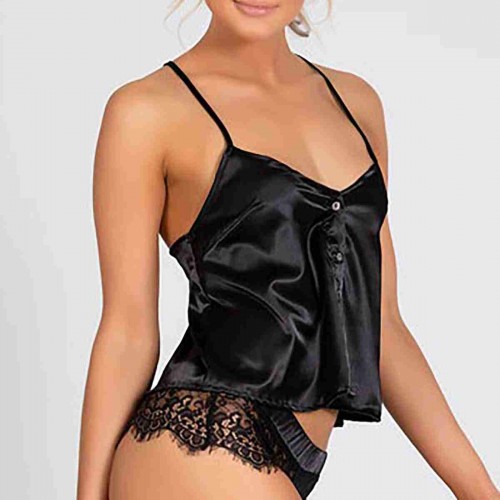 Merry See Dantelli Saten Pijama Üst Siyah