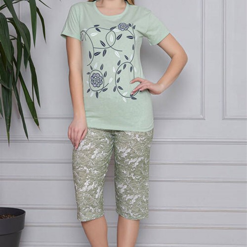 Mint Floral Desenli Kısa Kollu Kapri Pijama Takımı 8253