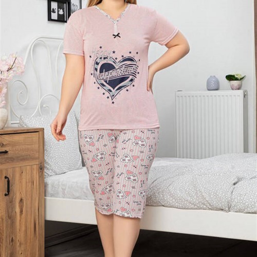 Pudra Kalp Baskılı Kısa Kol Büyük Beden Pijama Takımı 7884