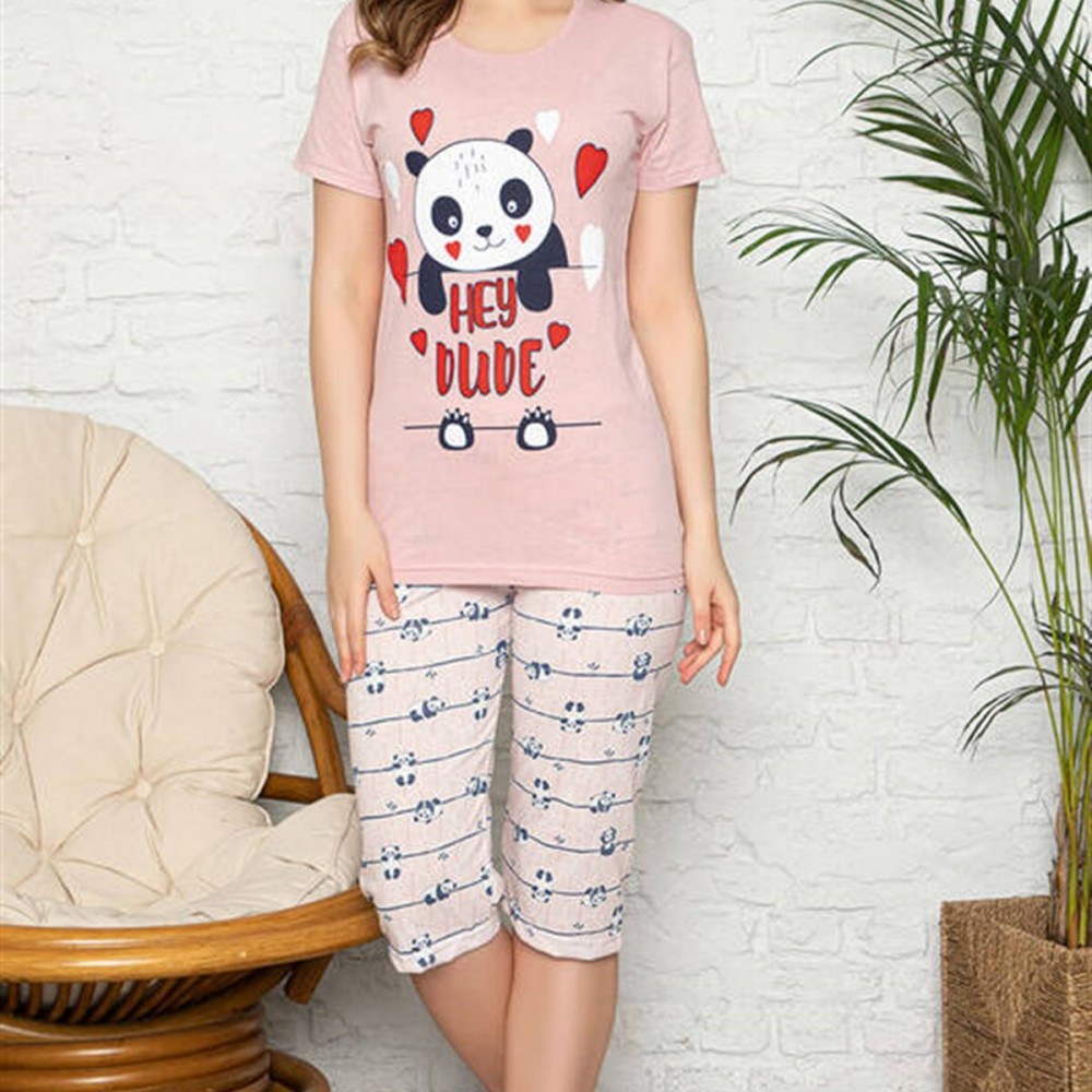 Pudra Panda Baskılı Kısa Kollu Kapri Pijama Takımı 7602