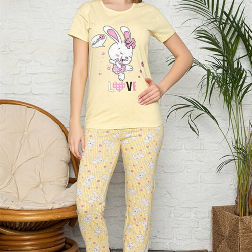 Sarı Tavşan Baskılı Kısa Kollu Pijama Takımı 7603