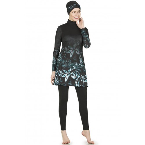 Siyah Floral Desenli Tesettür Mayo 3368