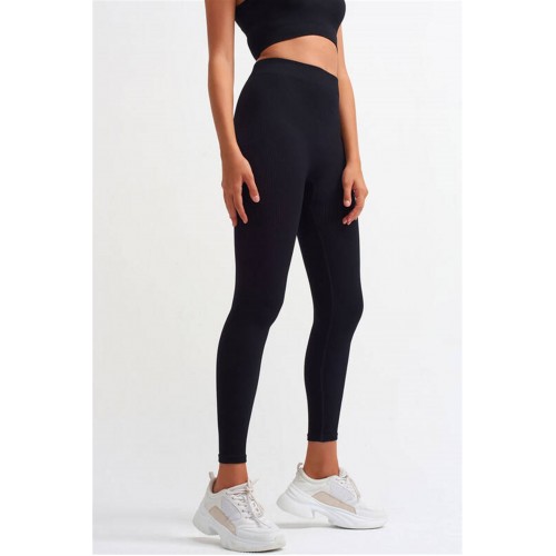 Siyah İnce Fitilli Yüksek Bel Spor Tayt 7016