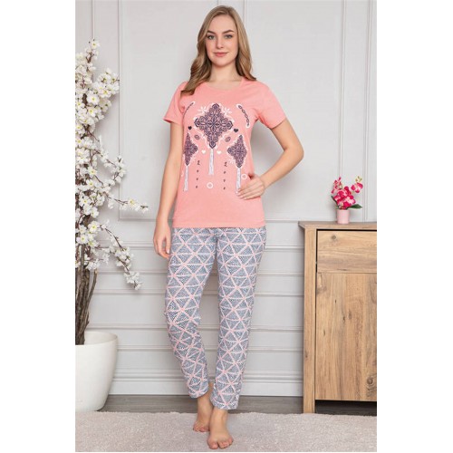 Somon Etnik Desenli Kısa Kollu Pijama Takımı 8001