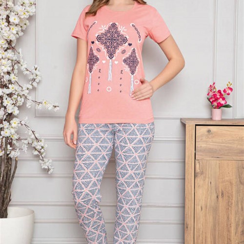 Somon Etnik Desenli Kısa Kollu Pijama Takımı 8001