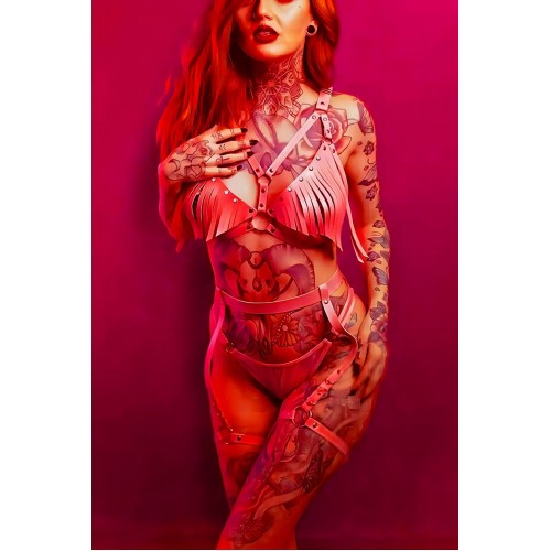 Deri Fantezi Seksi KostümKırmızı Body Harness