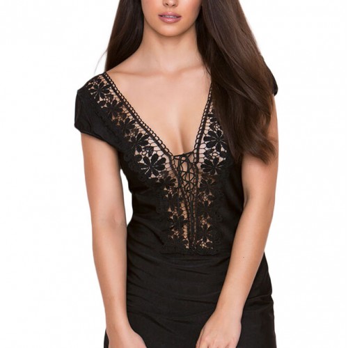 Kadın Siyah Dantel Yaka Süper Mini Elbise