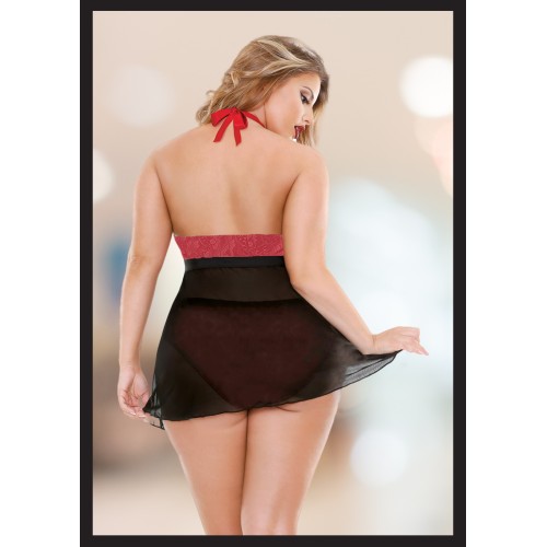 Kadın Siyah Özel Tasarım Göğüs Detaylı File Etekli Seksi Fantezi Büyük Beden Gecelik