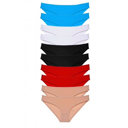 10 adet Süper Eko Set Likralı Kadın Slip Siyah Kırmızı Ten Beyaz Mavi