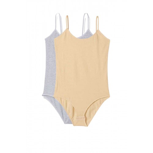 2 Adet İp Askılı Kadın Çıtçıtlı Body Gri ve Ten