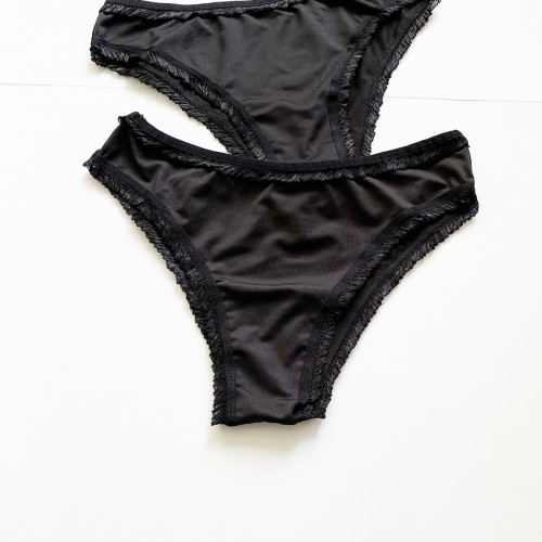 2 Adet Kadın Mikro Bikini Külot İnce Lastik FırFır Kenarlı Yumuşak Doku İç Giyim Siyah