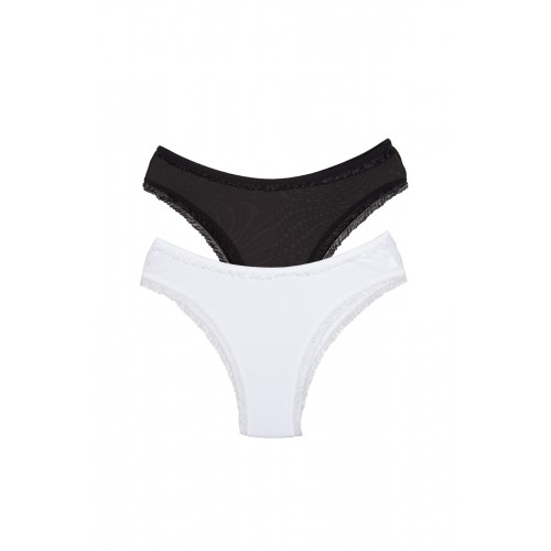 2 Adet Kadın Mikro Bikini Külot İnce Lastik FırFır Kenarlı Yumuşak Doku İç Giyim Siyah Beyaz