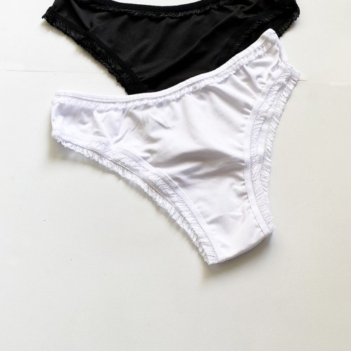 2 Adet Kadın Mikro Bikini Külot İnce Lastik FırFır Kenarlı Yumuşak Doku İç Giyim Siyah Beyaz