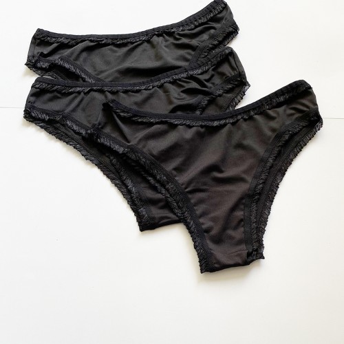 3 Adet Kadın Mikro Bikini Külot İnce Lastik FırFır Kenarlı Yumuşak Doku İç Giyim Siyah