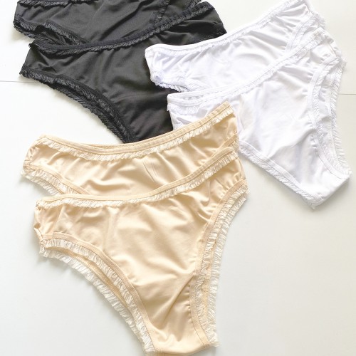 6 Adet Kadın Mikro Bikini Külot İnce Lastik FırFır Kenarlı Yumuşak Doku İç Giyim Siyah Beyaz Ten