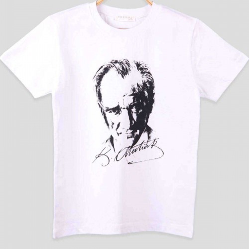 Atatürk ve İmzası Baskılı Yuvarlak Yaka Penye Kadın Beyaz T-shirt