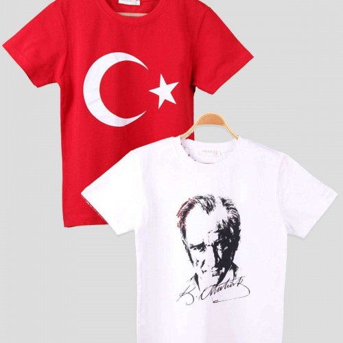 Atatürk ve İmzası Ay Yıldız Bayrak Baskılı Kombin Penye Kadın Beyaz Kırmızı T-shirt