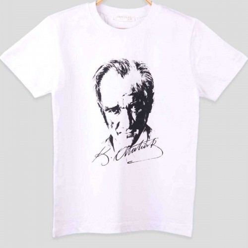 Atatürk ve İmzası Ay Yıldız Bayrak Baskılı Kombin Penye Kadın Beyaz Kırmızı T-shirt