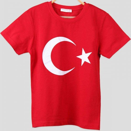 Ay Yıldız Bayrak Baskılı Yuvarlak Yaka Penye Kadın Kırmızı T-shirt