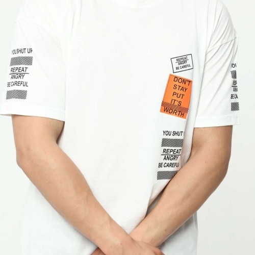 Beyaz Ön ve Kol Baskılı Erkek Oversize Kısa Kollu T-Shirt