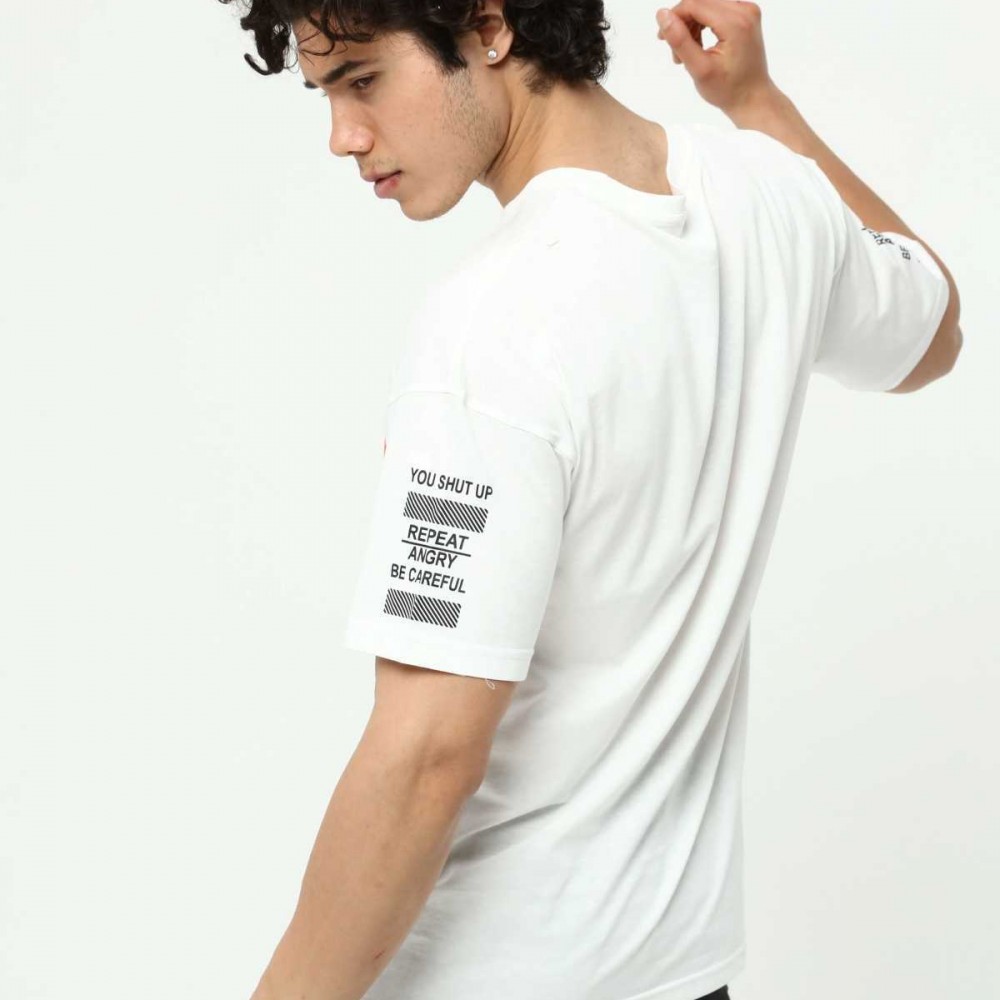 Beyaz Ön ve Kol Baskılı Erkek Oversize Kısa Kollu T-Shirt