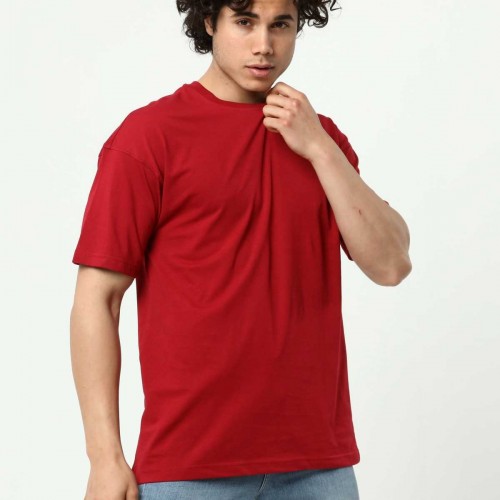 Bordo Erkek Basic Oversize Bisiklet Yaka Kısa Kollu T-Shirt