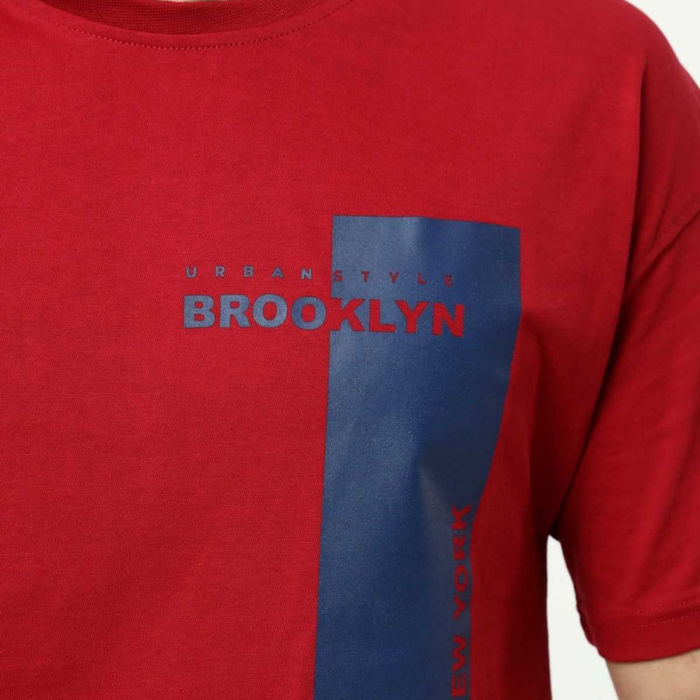 Brooklyn Bordo Erkek Bisiklet Yaka Oversize Kısa Kollu Baskılı T-Shirt