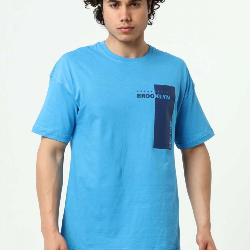 Brooklyn Mavi Erkek Bisiklet Yaka Oversize Kısa Kollu Baskılı T-Shirt