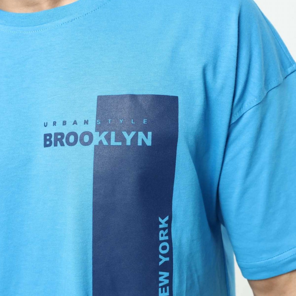 Brooklyn Mavi Erkek Bisiklet Yaka Oversize Kısa Kollu Baskılı T-Shirt