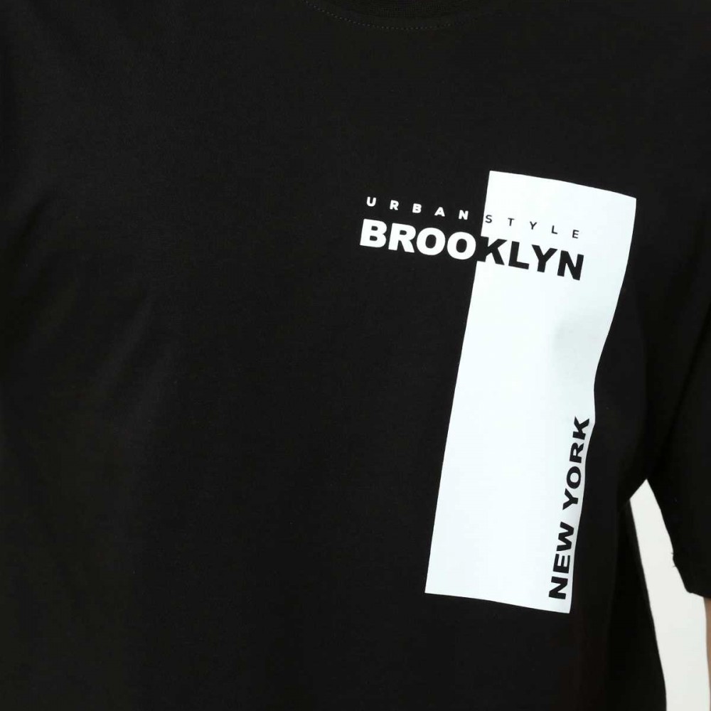 Brooklyn Siyah Erkek Bisiklet Yaka Oversize Kısa Kollu Baskılı T-Shirt