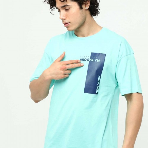 Brooklyn Su Yeşili Erkek Bisiklet Yaka Oversize Kısa Kollu Baskılı T-Shirt