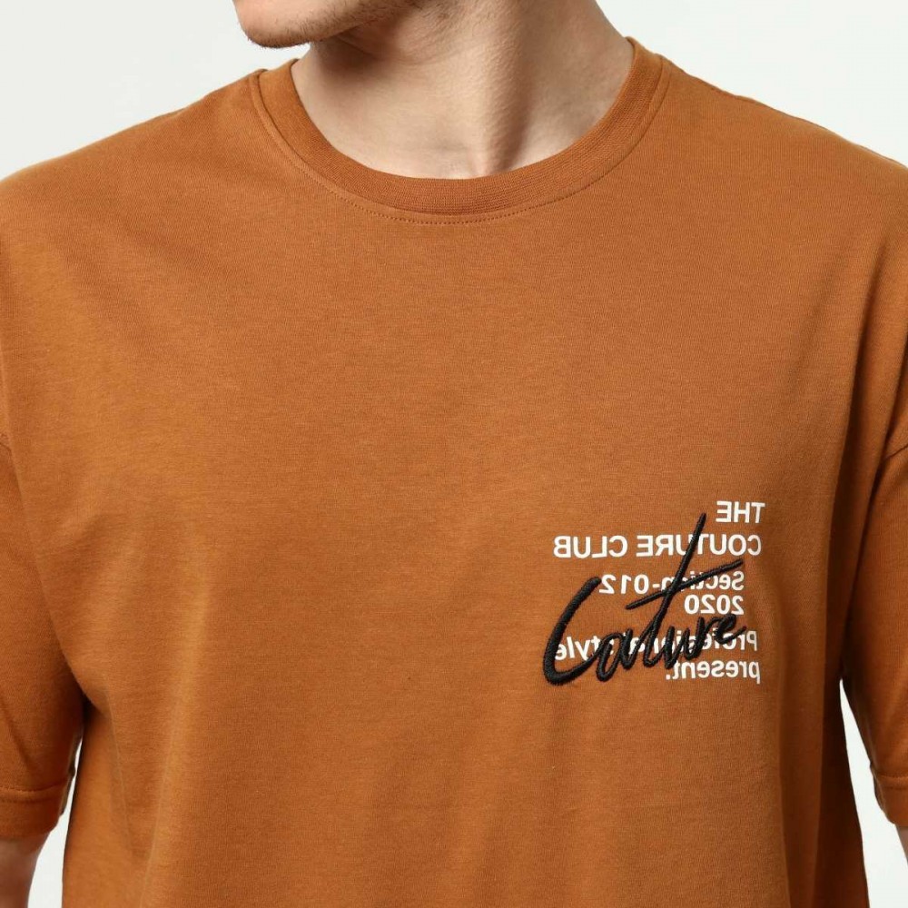 Kahve Erkek Bisiklet Yaka Oversize Kısa Kollu Baskılı Nakış İşlemeli T-Shirt