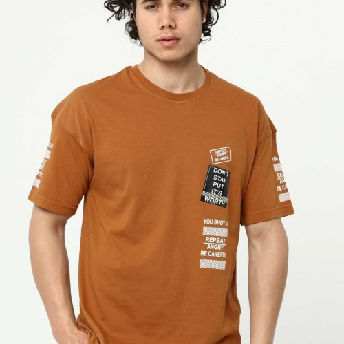 Kahve Ön ve Kol Baskılı Erkek Oversize Kısa Kollu T-Shirt