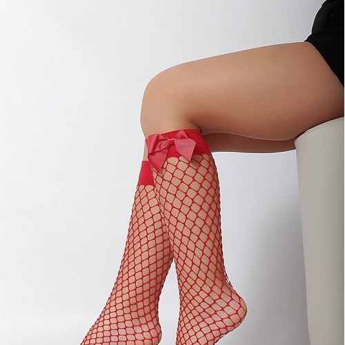 Kırmızı Fileli Diz Altı Fiyonklu Kız Çocuk Çorap