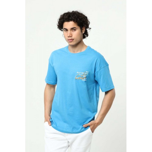 Mavi Erkek Bisiklet Yaka Oversize Kısa Kollu Baskılı Nakış İşlemeli T-Shirt