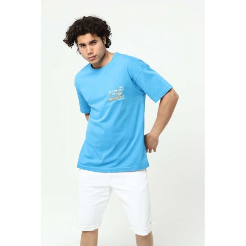 Mavi Erkek Bisiklet Yaka Oversize Kısa Kollu Baskılı Nakış İşlemeli T-Shirt