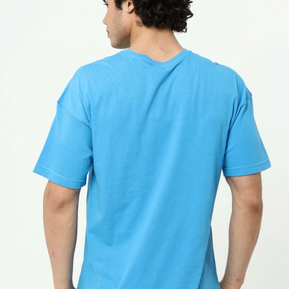Mavi Erkek Bisiklet Yaka Oversize Kısa Kollu Baskılı Nakış İşlemeli T-Shirt
