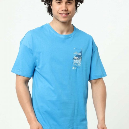 Mavi Erkek Baskılı Oversize T-Shirt
